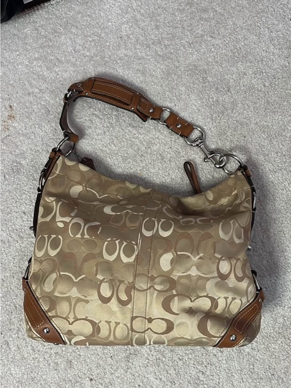 Coach Tan and Brown Signature Shoulder Hobo Bag